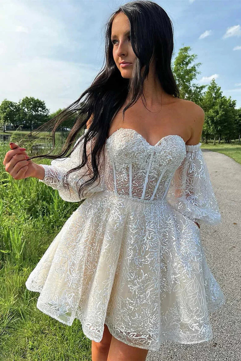 Vestido corto de fiesta con escote en forma de A y mangas abullonadas